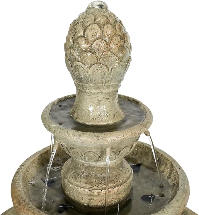 SunJet 42.5” High 3-Tiers Modern Concrete Outdoor Water Fountain - Round Large Outdoor Fountains and Waterfalls for Garden, Patio, Yard, and Deck Decor, Featuring Natural Stone Look