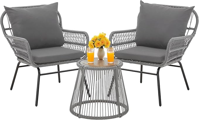 Bezseller 3-Piece Outdoor Patio Furniture Set - Rattan L-Shaped Sectional Sofa All-Weather PE with Detachable Lounger, Glass Coffee Table & Thick Cushions - Backyard, Poolside, Porch (Grey, 2 Seats)