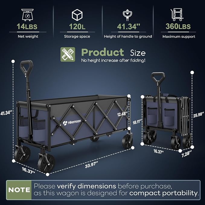 Hikemoon 34'' Extra Long Collapsible Wagons Carts Foldable, 360LBS Heavy Duty Folding Beach Wagon Cart with Wheels, Portable Utility Outdoor Wagon for Grocery, Shopping, Garden, Sports, Purple - Image 2