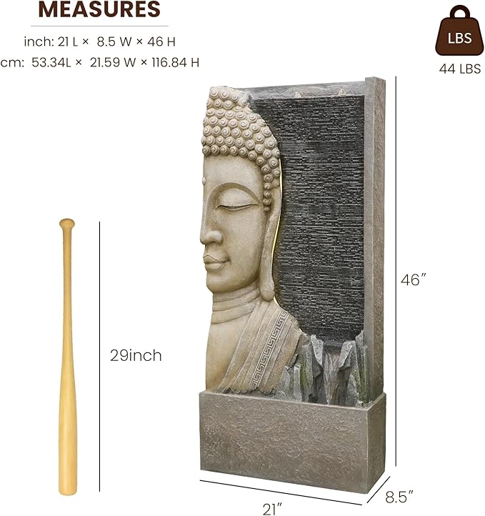 47.5" Buddha Water Fountain Outdoor with LED Lights, Large Zen Garden Waterfall Feature with Double Bubblers and Stream, Resin Statue for Patio, Yard, Porch, Meditation Decor