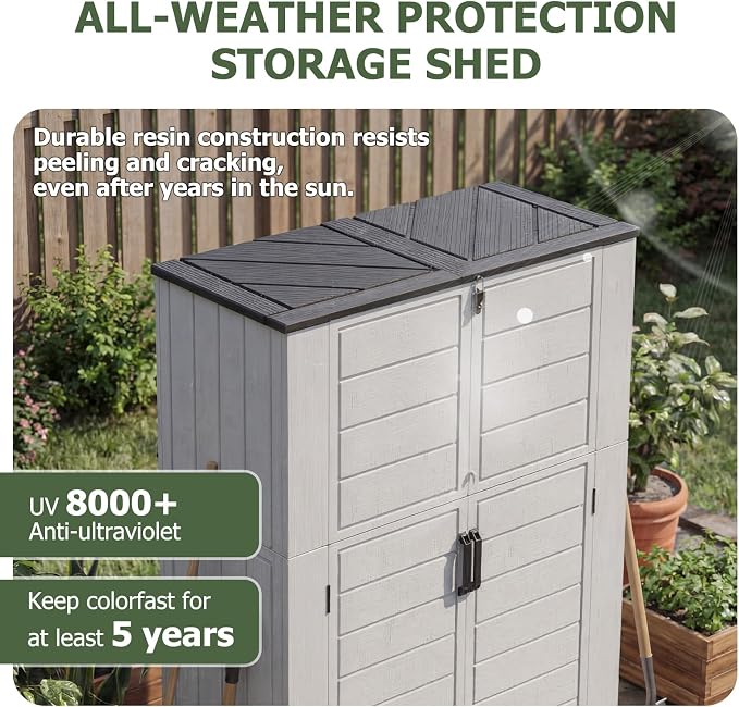Aoxun 61 Cu.Ft Outdoor Storage Shed with Metal Shelving Kit, Widened Outdoor Storage Cabinet Waterproof Vertical Resin Shed with Floor for Garden Tools, Pool Equipment, Easy to Assemble (White) - Image 4