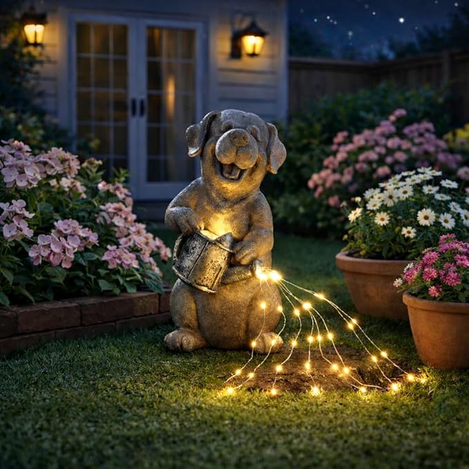 Lavezee Garden Dog Statue with String Lights, Puppy Garden Statue Outdoor for Patio Lawn Porch Walkway, Ideal Gifts for Dog Lovers Women Mom Grandma