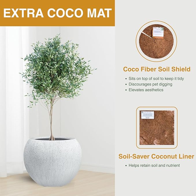 12.8"H x 16"D Premium Ribbed Globo Fiberstone Round Planter with Drainage Hole, Weather Resistant for Indoor and Outdoor Use, Included 2 Extra Coco Mats (Speckled White, 10.7" Pot Opening)