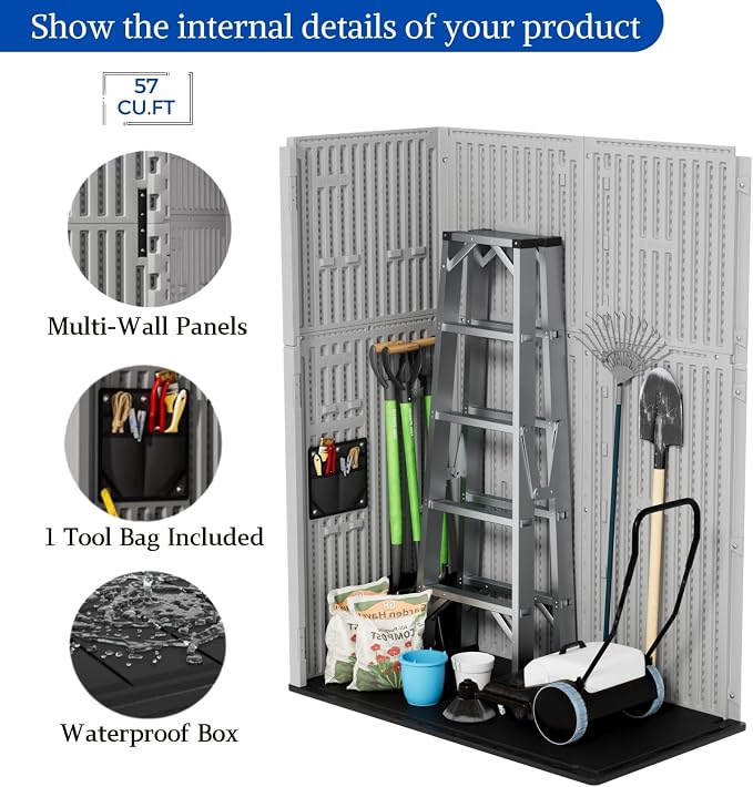 ZZM 57 Cu.ft Outdoor Storage Cabinet with One Tool Kit, Horizontal Storage Shed for Garage, Bike, Garbage Cans, Garden Accessories - Image 8