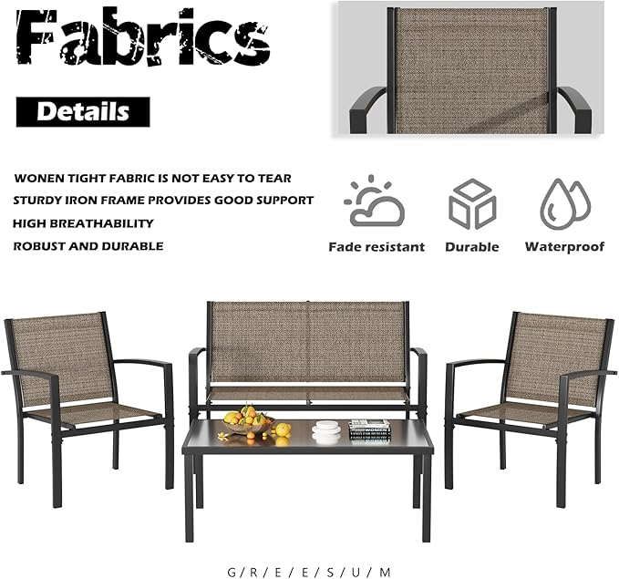 Greesum GS-LCT4PCSBN 4 Pieces Patio Furniture Set Outdoor Conversation Textilene Fabric Chairs for Lawn, Garden, Balcony, Poolside with A Glass Coffee Table, Brown