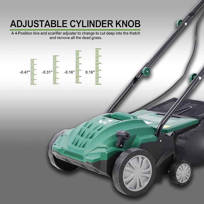 13" Electric Dethatcher and Scarifier 12 Amp Lawn Dethatcher with 31.7QT Collection Bag 2-in-1 Thatcher for Lawn Turf Vacuum for Artificial Grass Green - Image 5