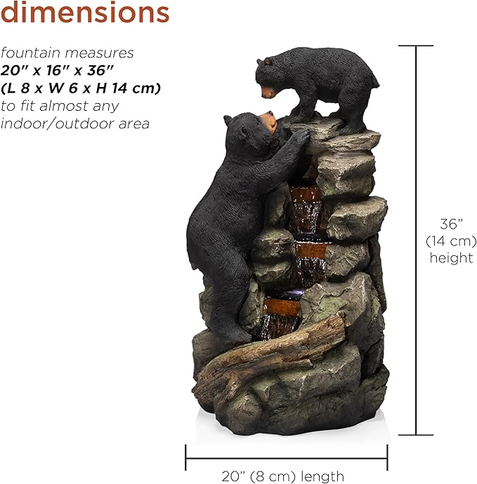 Alpine Corporation 36" Tall Indoor/Outdoor 2 Bears Climbing Rainforest Water Fountain with LED Lights, Cascading Wildlife Water Feature for Garden, Patio, and Home Decor, Brown