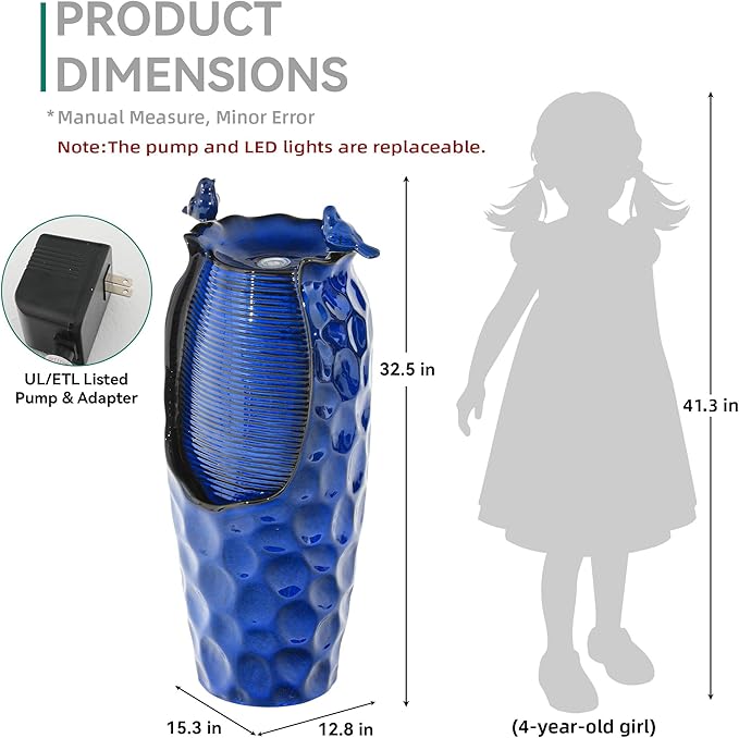 32.5" H Ceramic Jar Outdoor Fountain, Honeycomb Pot Water Feature with LED Lights, Soothing Trickling Waterfall for Garden, Patio, Yard, Balcony Oasis, KD Vivid Birds, Cobalt Blue Glaze