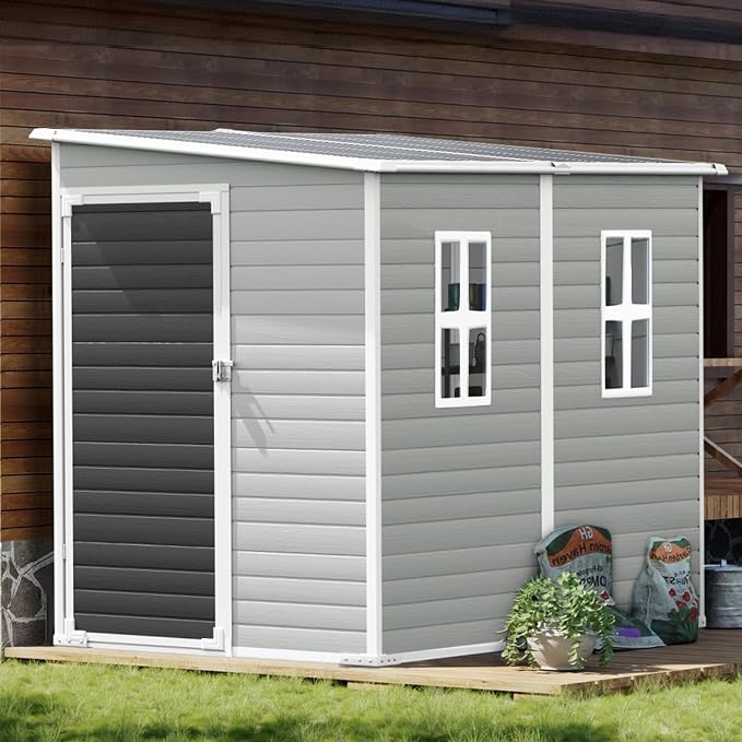 8x4x6 FT Resin Lean to Shed, Waterproof Outdoor Storage Shed with Floor, Window, Lockable Door & 2 Windows, Tool Shed for Patio Garden, Lawn, Backyard, Dove Grey by SELLERWE