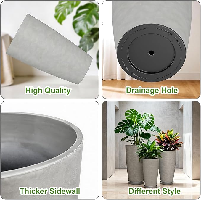 QCQHDU 24, 21, 18 inch Tall Planters for Outdoor Plants, with Drainage Hole & Saucer, Set of 3 Tall Outdoor Planter for Indoor & Outdoor Plants, Modern Home Decor