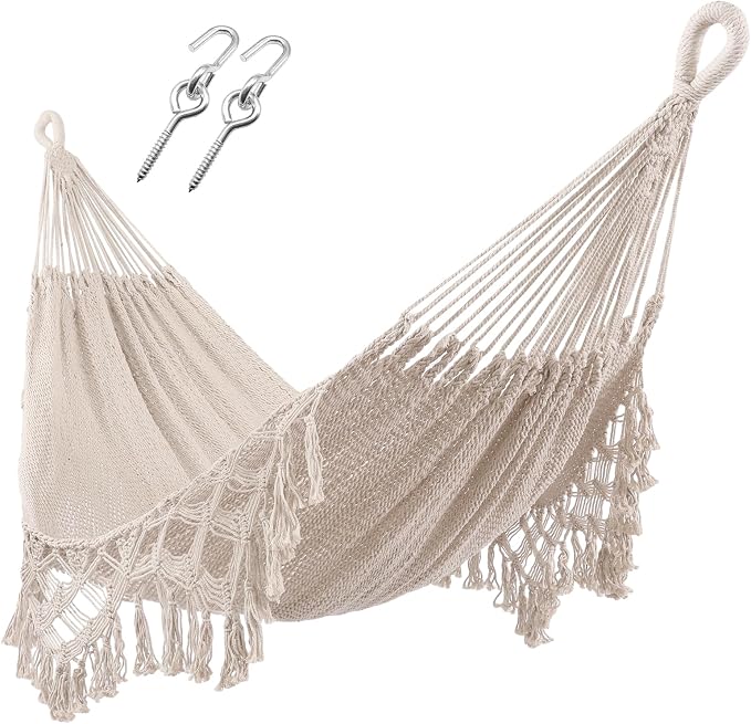 ZEAN Handwoven Hammock with Tassels by Thick Cotton Rope XL Two Person Hammock for Outside Patio Backyard Garden Beach 550LB Capacity by ZEANTZ.