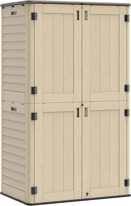 Tall Vertical Outdoor Storage Shed, 60 Cu Ft Waterproof Resin Storage Cabinet with Floor, All-Weather Garden Shed for Garage, Patio, Backyard, Porch (Khaki) by IWDOO