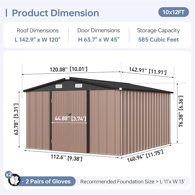 10x12FT Outdoor Storage Shed, Metal Garden Tool Shed with Sloping Roof & Lockable Door for Patio Lawn Backyard (Brown, 10x12FT) - Image 3