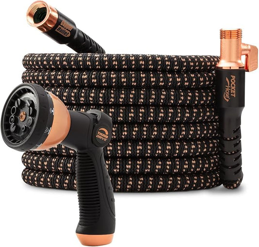 Pocket Hose 100 FT Copper Bullet Expandable Garden Hose w/10 Pattern Thumb Spray Nozzle AS SEEN ON TV 650psi 3/4 in Patented Lead-Free Ultra-Lightweight Solid Copper Anodized Aluminum by PocketHose