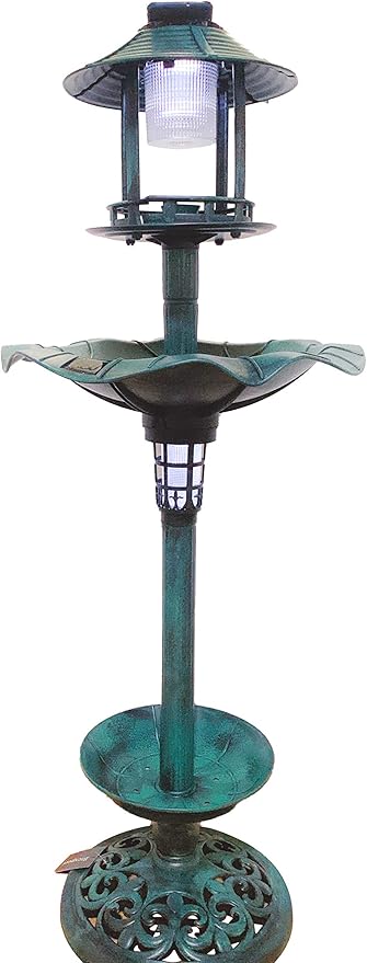 Birdbath 43" Vintage Green Solar Lighted Pedestal Bird Bath Garden Fountain Decoration Planter Accents BirdBath Antique Pedestal Flower Decoration Yard Statue Feeder Decorative Cage Stand
