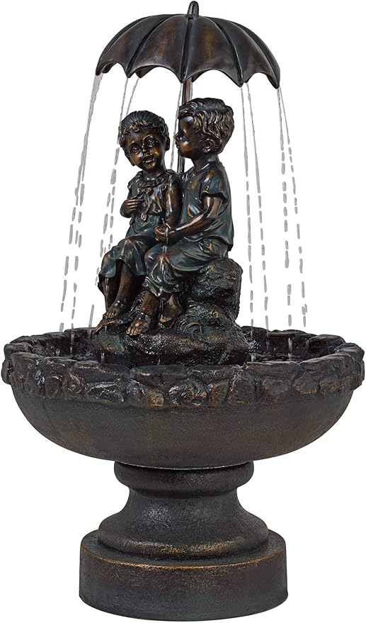 Boy and Girl Under Umbrella 40" High Large Rustic Indoor Outdoor Cottage Core Decor Bronze Floor Fountain Standing Waterfall Basin Water Feature for Outside Garden Patio Yard - John Timberland
