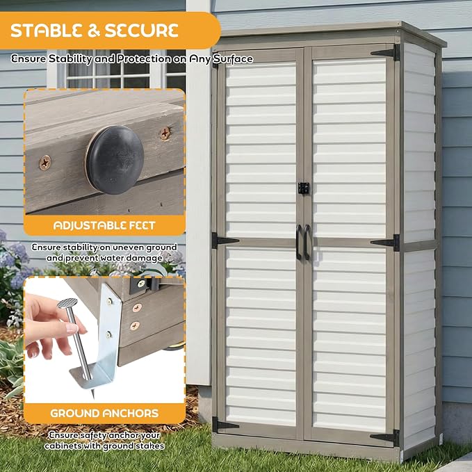 Outdoor Storage Cabinet with Shelves, Lockable Garden Shed, Wood & Plastic Weatherproof Outside Tool Cabinet for Patio, Backyard, Balcony White - Image 5