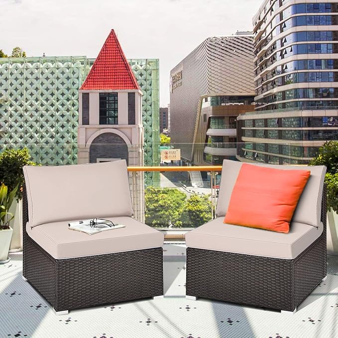 Tangkula 2 PCS Outdoor Wicker Armless Sofa, Patio Rattan Sectional Sofa Set w/2 Thick Seat Cushions and 2 Back Cushions, Additional Seats for Balcony Garden Patio Poolside (Black)