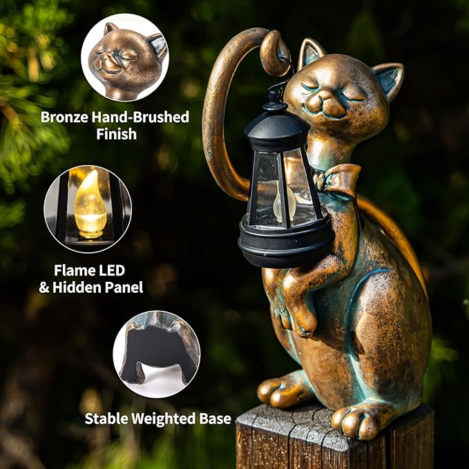 WHIMSYNOOK 10.7" Bronze Cat Garden Statue with Solar Light – Outdoor Yard & Lawn Décor, Charming Cat Figurine Gift for Mom & Cat Lovers