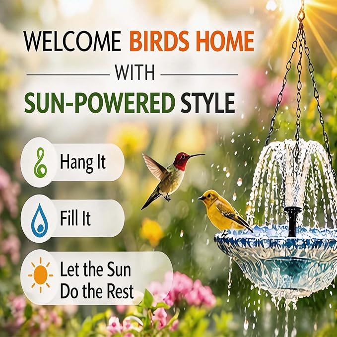 Solar Cascade Hanging Bird Bath Fountain, Outdoor Hanging Bird Bath with Solar Fountain, Large Humming Birds Baths Fountains, with Solars Pump & Glass Bowl, for Outdoor, Gardens (1pc)