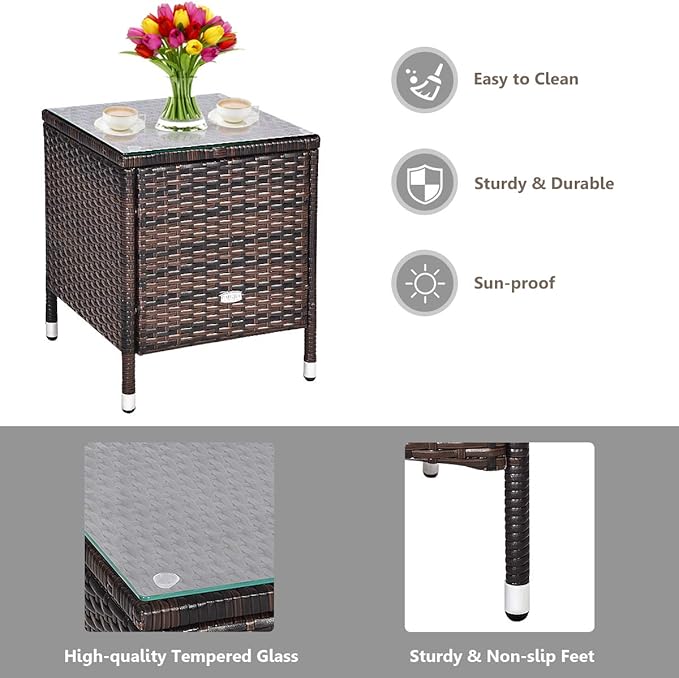 HAPPYGRILL 3-Pieces Patio Furniture Set Outdoor Wicker Rattan Conversation Set with Coffee Table Chairs & Thick Cushions Bistro Sets for Patio Garden Lawn Backyard Pool