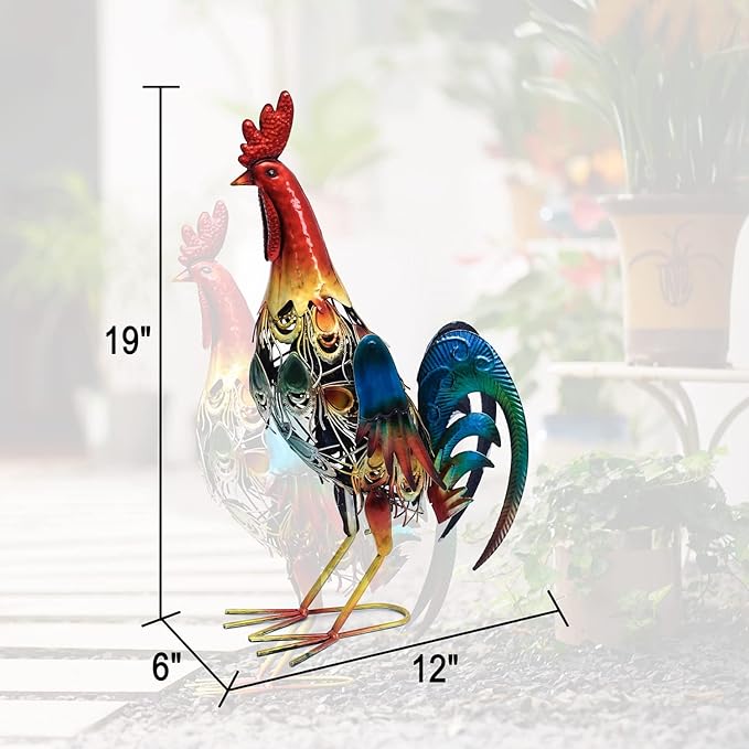 19 Inch Solar Rooster Statue, Metal Yard Art with Colorful Lights for Garden Lawn Outdoor Decoration Gifts