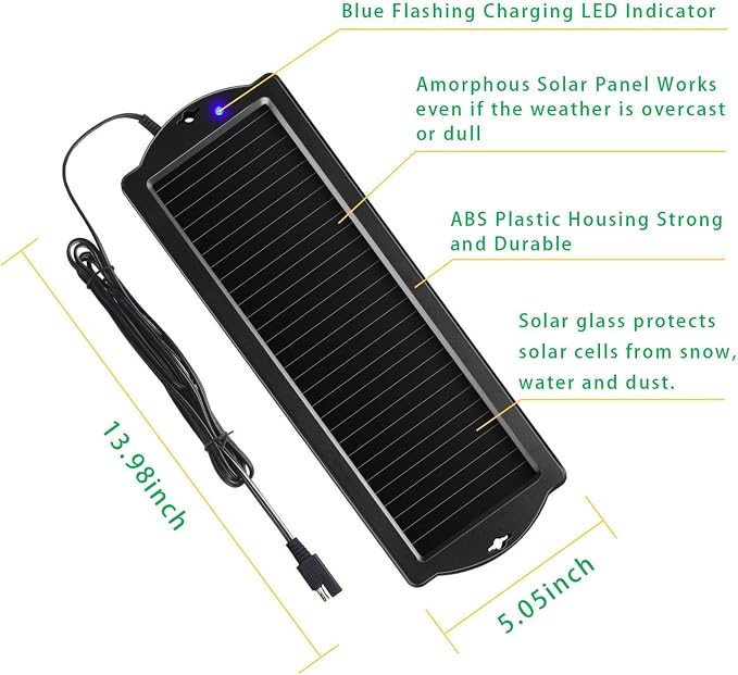 Sunway Solar Car Battery Trickle Charger & Maintainer 12V Solar Panel Power Battery Charger With Cigarette Lighter Plug Battery Clamp For Car Automotive Motorcycle Boat Marine Snowmobile Watercraft RV - Image 2