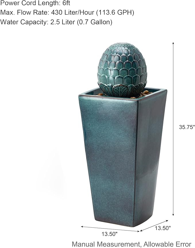 Glitzhome 35.75" H Tall Ceramic Outdoor Water Fountain with LED Light Oversized Artichoke Pedestal Fountains with Submersible Pump Patio Fountain Waterfall for Garden Patio Deck Porch, Turquoise