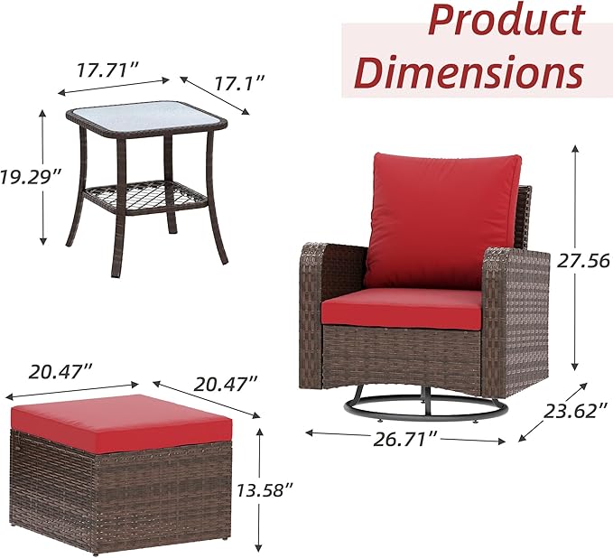 HOMREST 5 Piece Outdoor Patio Furniture Set-360 Wicker Swivel Chairs Set of 2 w/ 2 Ottoman, Coffee Table & Cushions Patio Bistro Set for Garden, Balcony (Wine Red)