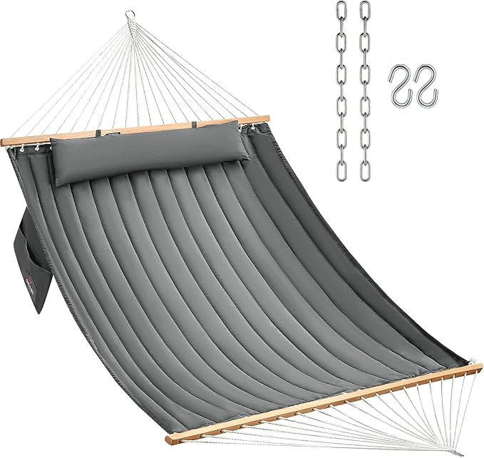 CHULIM Double Quilted Fabric Hammock with Hardwood Spreader Bars and Pillow 450 LBS Capacity 2 Person Large Hammock for Outdoor Patio Backyard Poolside - Dark Grey by CHULIM