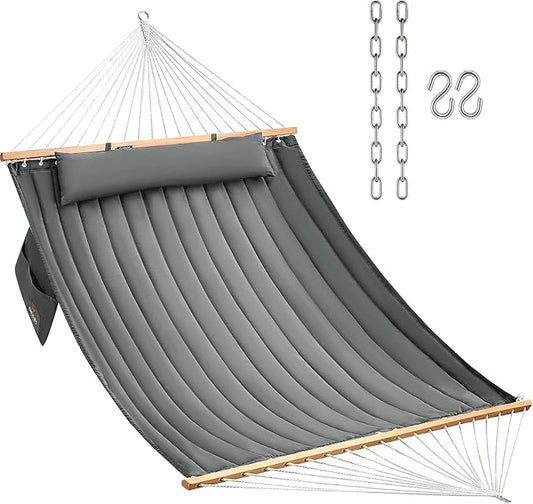 CHULIM Double Quilted Fabric Hammock with Hardwood Spreader Bars and Pillow 450 LBS Capacity 2 Person Large Hammock for Outdoor Patio Backyard Poolside - Dark Grey by CHULIM