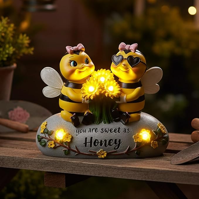 Solar Bee Lights Garden Statues 5.5" Resin Bee Figurine Waterproof Yard Lawn Patio Decorations Birthday Housewarming Gifts for Mom Wife Women Honeybee Decor Garden Sculptures with Sunflowers