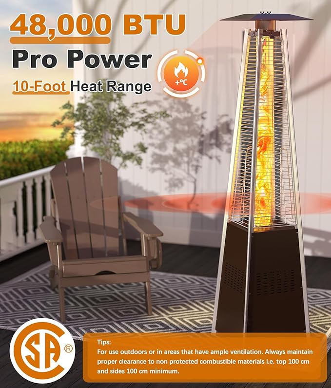 48,000 BTU Pyramid Patio Heater, Outdoor Propane Patio Heater with Detachable Wheels and Protective Cover, Triple Safety Protection Propane Heaters for Terrace, Garden, Hammered Bronze
