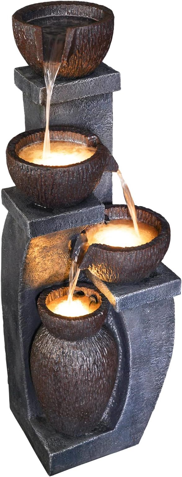 Supmix 37.4”H Water Fountain Outdoor 4- Crocks Modern Garden Fountains LED Lighted Floor Fountain Natural Polyresin Decor for Garden, Patio, Backyard Ard and Home Art DéCor