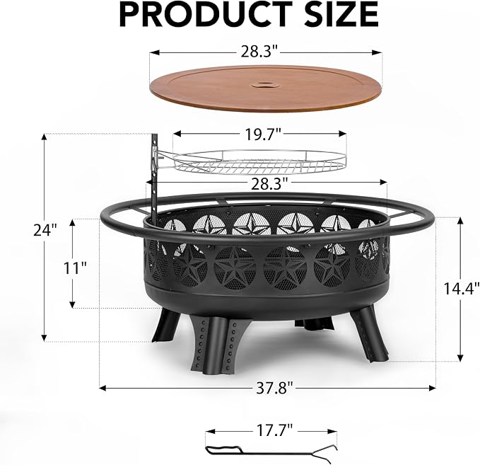 Verdeluxe 38” Wood Burning Fire Pits for Outside,3-in-1 Fire Pit with Grill, Spark Screen & Fire Poker,Outdoor Firepit Table with Swivel Cooking Grate for Yard BBQ Bonfire Patio Camping (38 inch) - Image 9