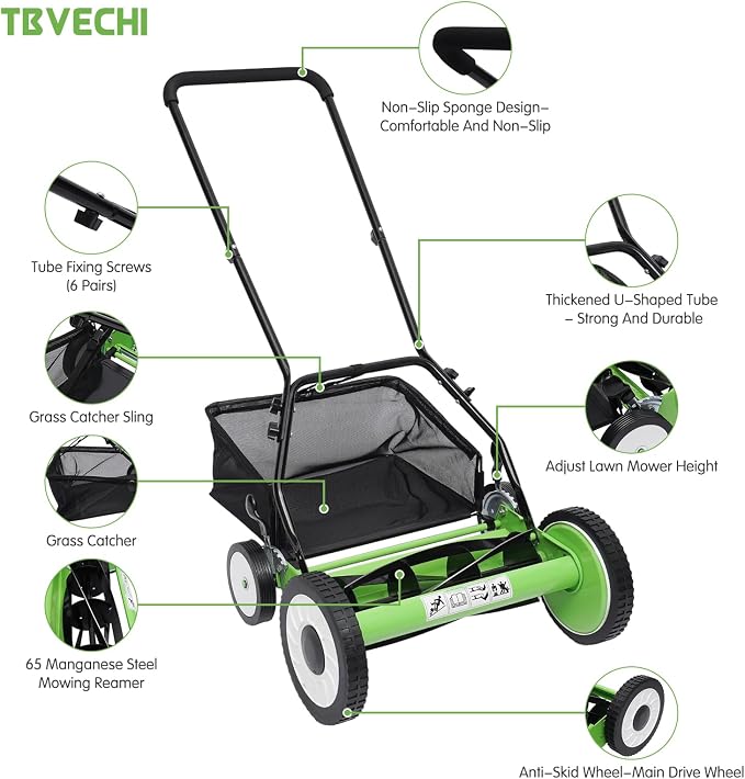 16Inch Reel Mower with 5-Blades, Universal Manual Lawn Mower w/Grass Catcher Adjustable Cutting Height Push Lawn Mower - Image 3