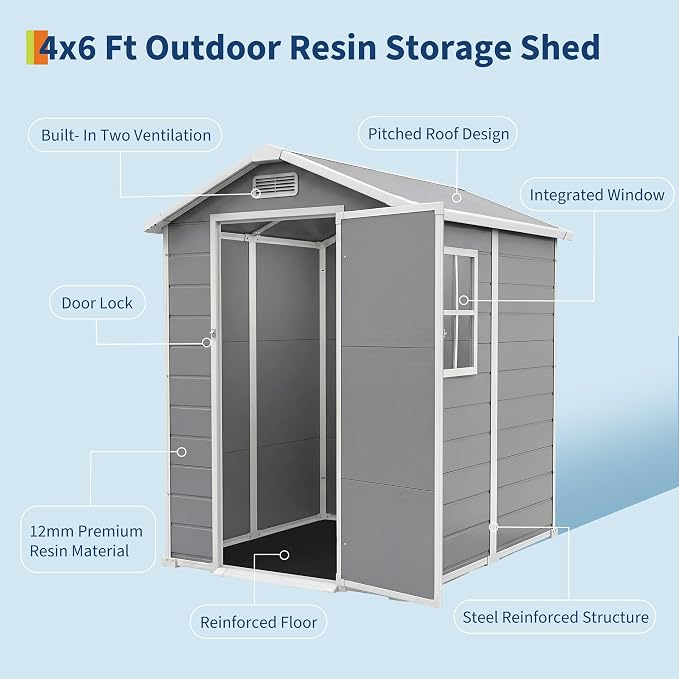 Resin Outdoor Storage Sheds 4x6 ft, Upgraded Double-Wall Outdoor Plastic Shed with Window & Double Doors, Waterproof Lockable Garden Shed (Light Gray, 4 X 6 ft) - Image 4