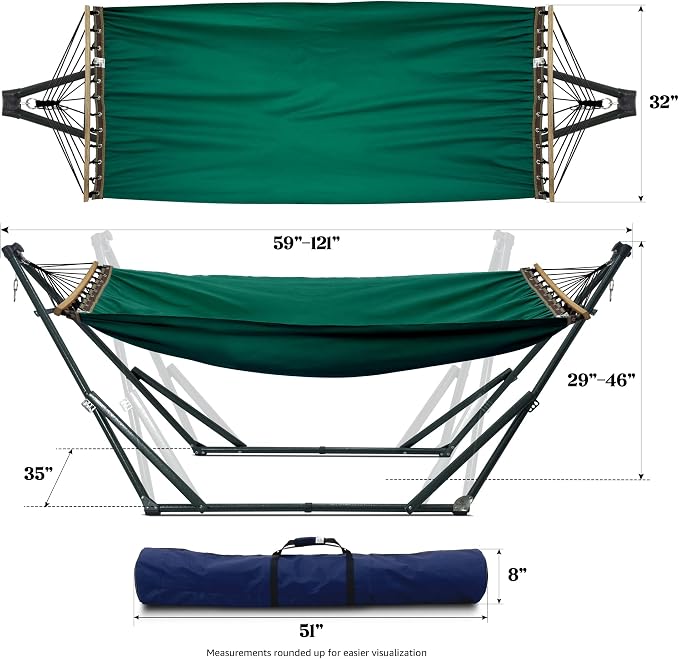 Tranquillo Sturdy Steel Hammock Stand with Premium Cotton Canvas, 600 lbs Capacity Folding, Portable Hammock Stand 30-Second Fold Unfold Spacious Design, (Canvas - Emerald Green) - Image 5