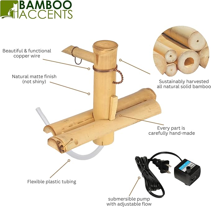 7” Bamboo Fountain Kit – Adjustable Half Round Spout with Quiet Pump for Indoor/Outdoor Bowl Fountains – Container Not Included | Small Natural Bamboo Water Feature for Zen Décor & Home Relaxation