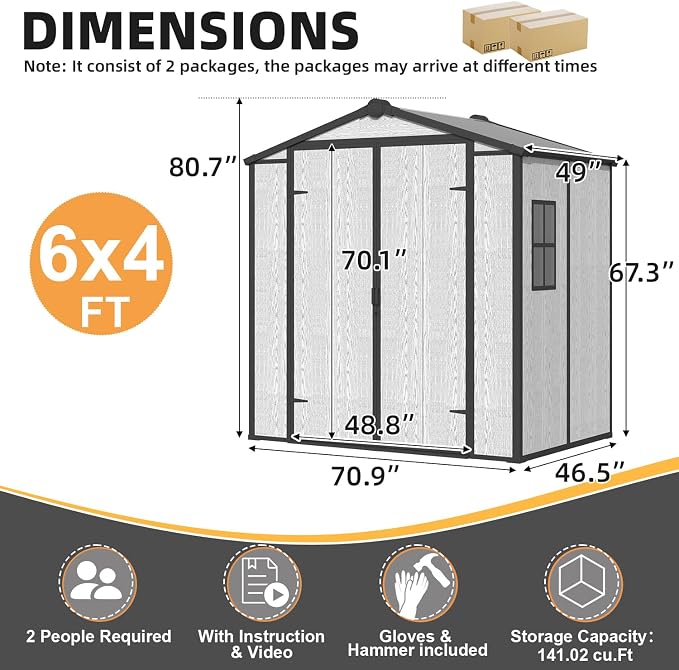 MELLCOM 6x4 FT Resin Outdoor Storage Tool Shed with Windows and Lockable Door, Garden Storage Shed with Floor, Resin Outdoor Shed for Bike, Garbage Can, Lawnmower - Image 2