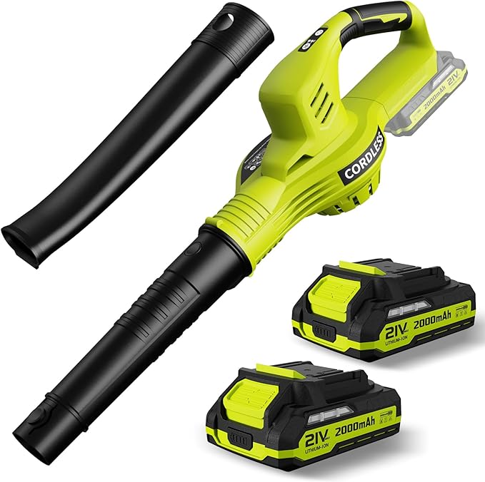 Leaf Blower Cordless - 21V Powerful Electric Leaf Blower with 2 Batteries and Charger, 2 Speed Modes, 2.0Ah Lightweight Battery Powered Leaf Blowers for Lawn Care, Patio, Dust, Blowing Leaves by lazyboi
