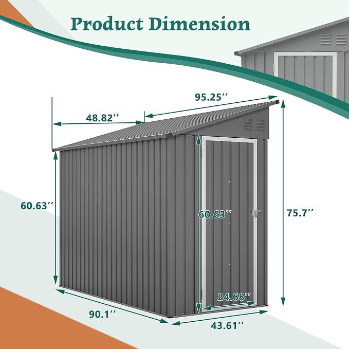 YOPTO 4×8 FT Lean to Metal Shed,Outdoor Heavy-Duty Storage Shed with Floor Base,All Weather Waterproof Garden Tool House W/Lockable Door&2 Air Vents,Reversible Door Design,for Backyard,Patio,Lawn,Gray - Image 2