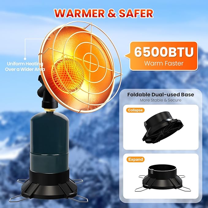 Portable Propane Heater Camping 6500 BTU Small Propane Heater with Electric Igniter, Control Valve, Folding Out Legs Base, Golf Cart, Ice Fishing, Hunting, Tent Heaters Cordless(Fuel Not Included)