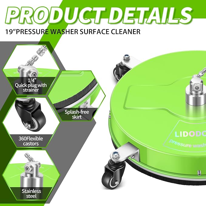 LidoDola 19'' Pressure Washer Surface Cleaner with 4 Wheels - Stainless Steel Surface Cleaner for Pressure Washer Attachment for Concrete, Driveway, Patio, Sidewalk, Deck and Driveways (19 INCH GREEN) - Image 3