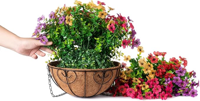 HyeFlora Artificial Faux Hanging Plants Flowers Basket for Summer Outdoor Outside Decoration, Fake Silk UV Sun Resistant Look Real Colorful Daisy Eucalyptus for Porch Home Patio Balcony Yard - Image 5
