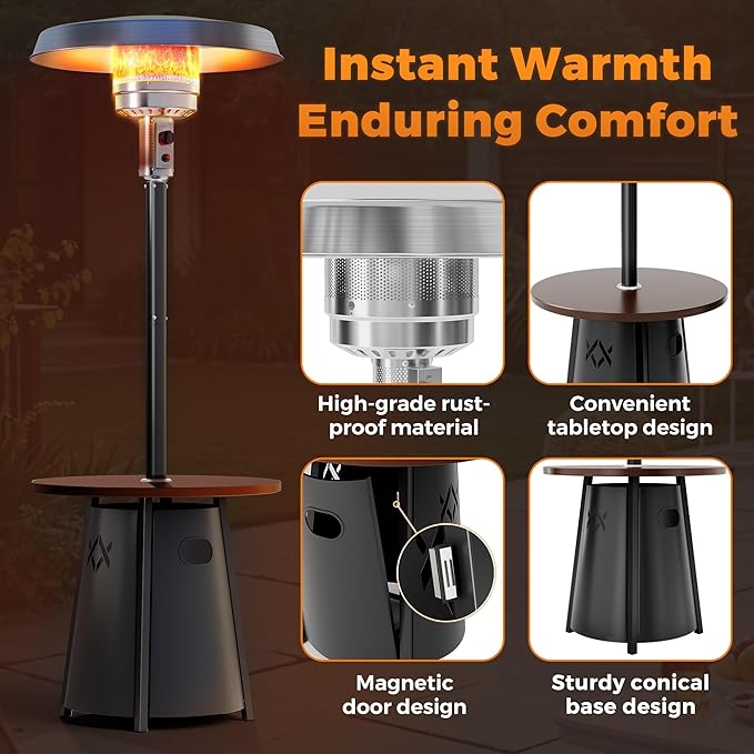 Pamapic Patio heater, 50,000 BTU Propane Outdoor Heater with Round Table, Premium 304 Stainless Steel Burner, Triple Protection System，2 in 1 Patio Heater for Outdoor Use, Residential & Commercial Use