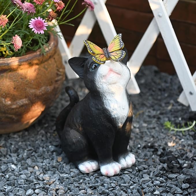 Cat Garden Figurines Outdoor Decor Solar Statue with LED Lights for Patio Lawn Yard Art Decoration Housewarming Garden Gift