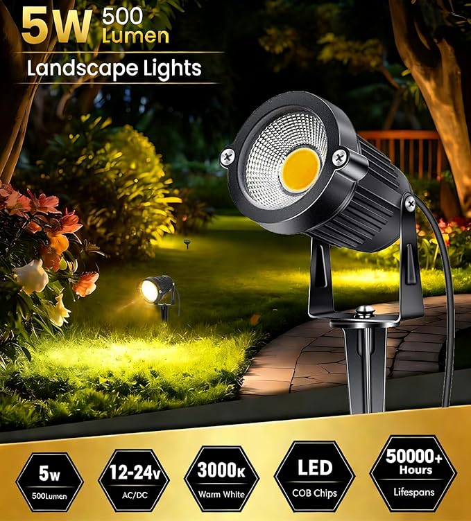 10 Pack Low Voltage Landscape Lights LED 5W Landscape Lighting with connectors AC/DC 12V-24V Outdoor Spotlight IP66 Waterproof Tree Flag Lights Warm White Spotlights for Yard Garden Pathway