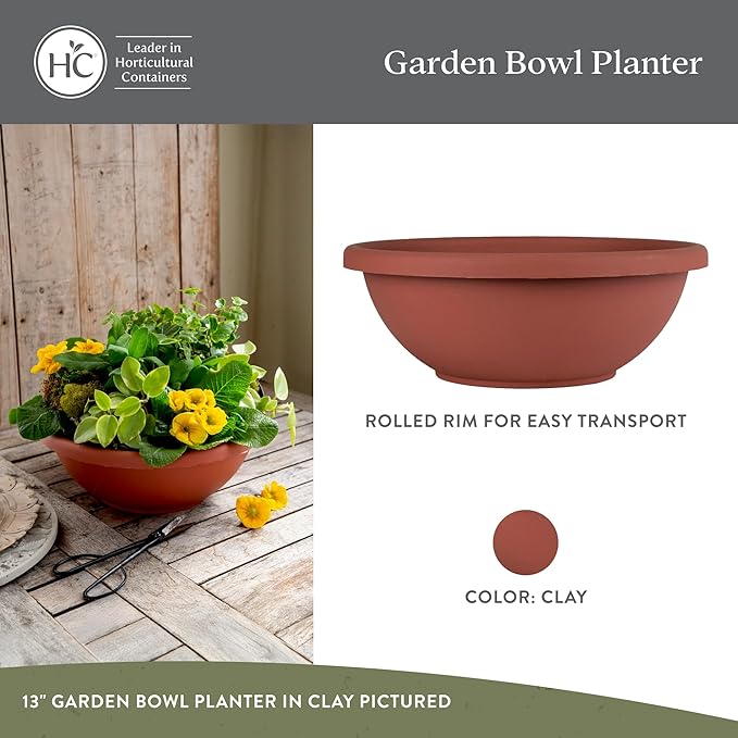 The HC Companies 24 Inch Shallow Garden Bowl Plant Pot with Drainage, Lightweight UV-Resistant Plastic Planters for Succulents, Herbs & More, 2-Pack Planters for Indoor Outdoor Home Decor, Clay