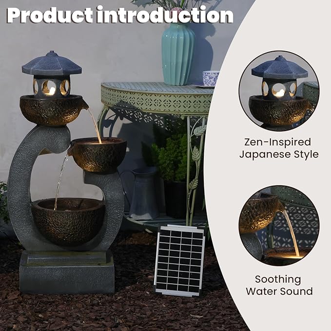 36 inches Water Fountain Outdoor Solar Powered Zen Pagoda Garden Japaness Modern Tranquil Waterfalls Fountains Landscaping Cascading Bowls on Patio Yard Porch Deck Balconies Lawns, Gray